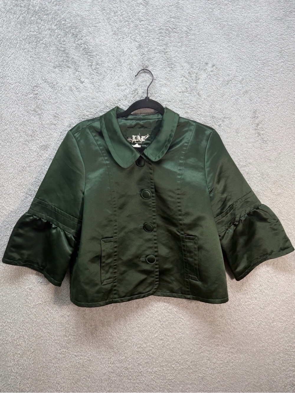 Vintage inspired Live a Little Green Satin Cropped Jacket Flare Bell Sleeve